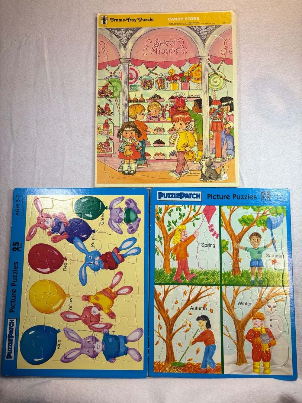 Lot of 3 Vintage Children's Frame-Tray Puzzles (1989 Rainbow Works Candy Store &